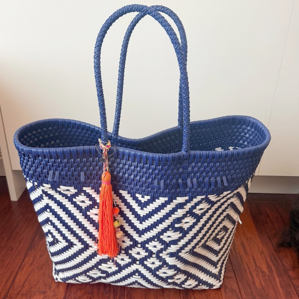 Maria Victoria Woven Plastic Tote Bag Navy White Boho Geometric Beach Sports Mom